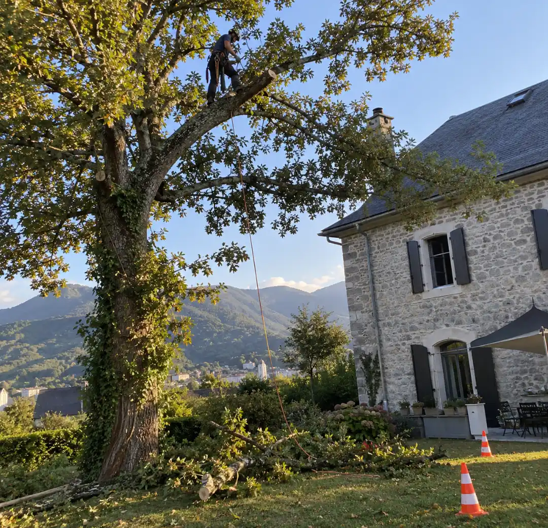 Élagueur en grimpe dans un chêne, près d'une maison